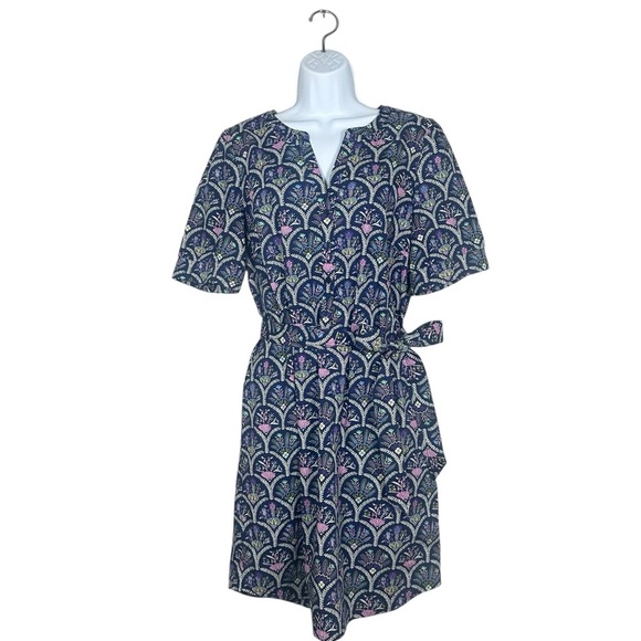 Talbots Poplin Belted Shirt Dress Short Sleeve Scalloped Floral Multi Size Large - Picture 1 of 12